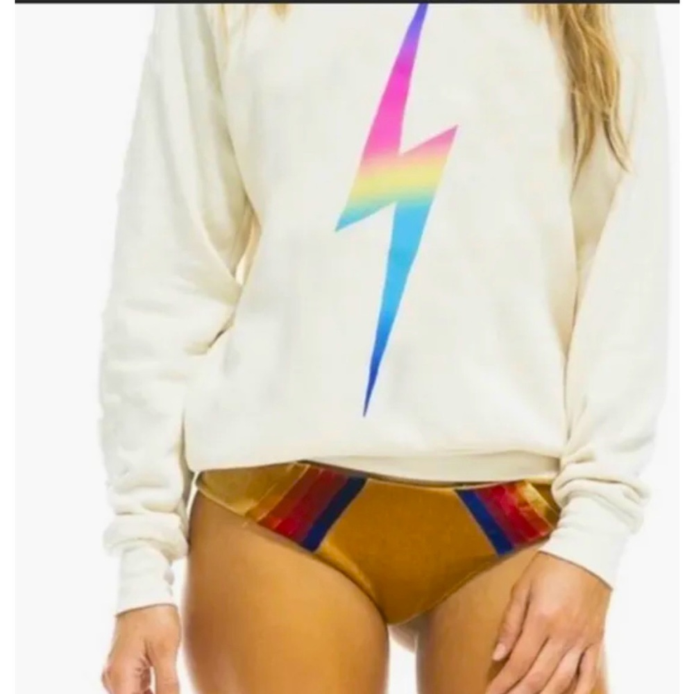 Aviator Nation Cream Sweatshirt with Rainbow Lightning Bolt